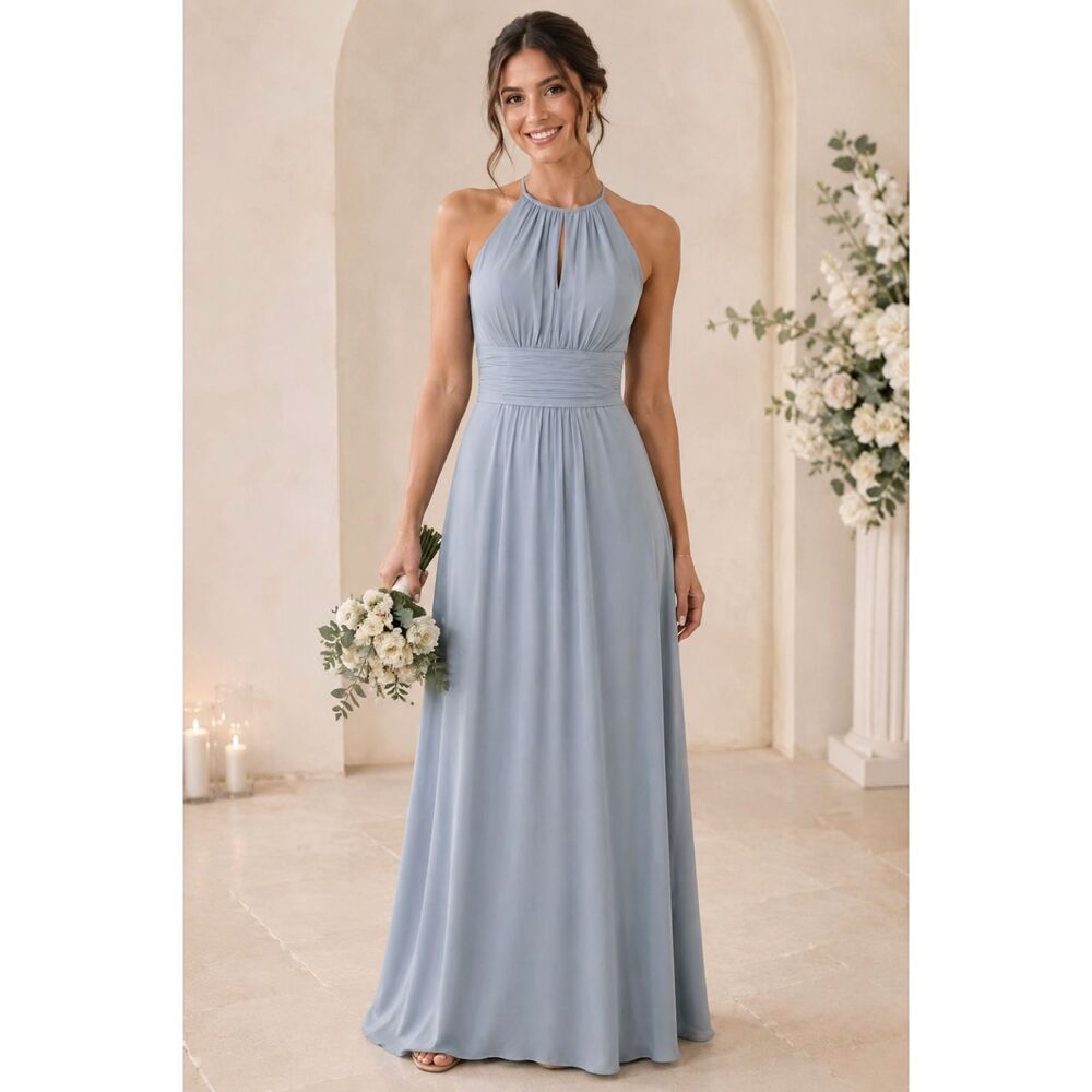 Azazie elegant dusty blue bridesmaid maxi dress wedding party formal women A0